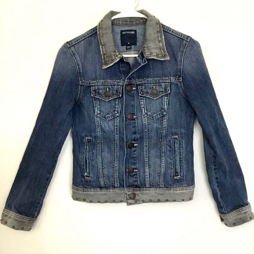 True Religion Danni Sunrise Jacket-2 Tone Denim-Studs-Elements Cotton Sz XXS